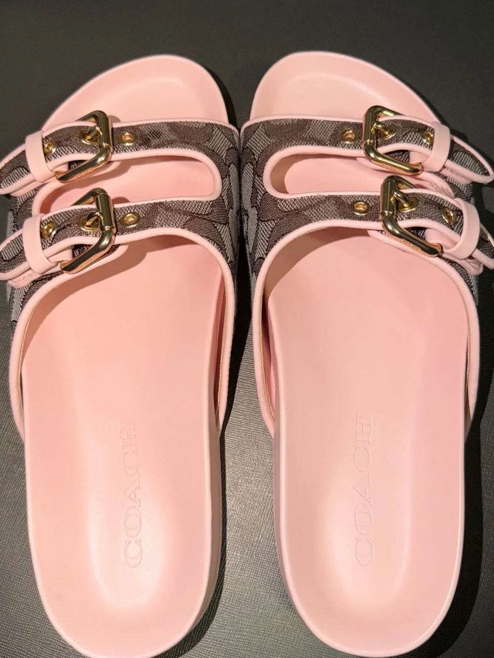 Coach Women's Pink Signature Double-Buckle Slide Sandals